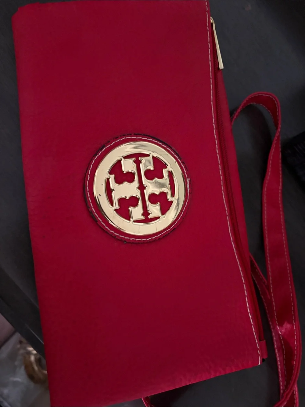 Tory Burch Red Leather Wristlet with Gold Logo